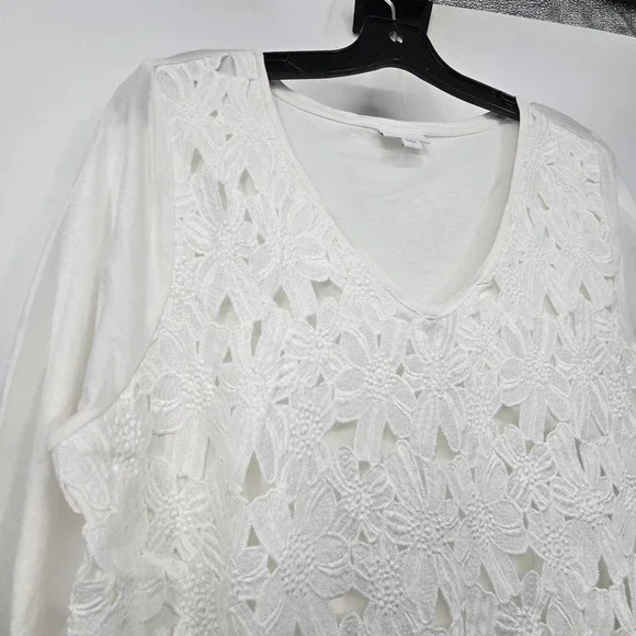 J. Jill Lace Overlay Blouse Top Women's LG White Cotton Modal Coquette Cottage - Picture 2 of 12